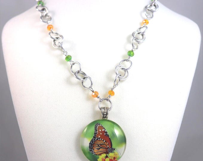 Artisan Butterfly Beaded Glass Pendant Necklace Green Orange Kamehameha Hawaii