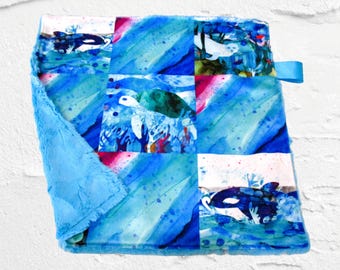Minky Baby Lovey Sea Life Turtle Orca Whale Seal Dolphin Watercolor Collage~ Under the Sea Girls Boys Shower or Toddler Birthday Gift