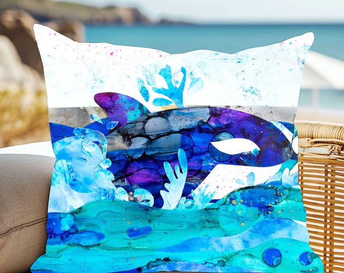 ORCA Whale Velvet Pillow Cover Invisible Zipper, Under the Sea Whale Ocean Beach Reversible Tropical Pillow~ Fits 18" Insert