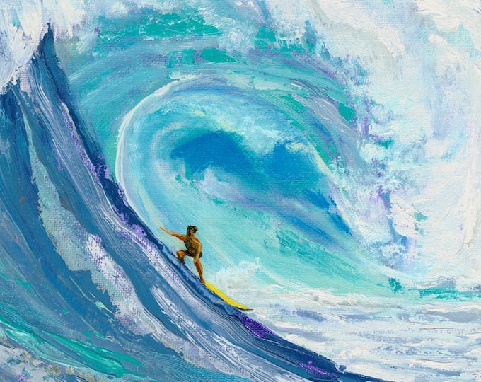 Surfer Ocean Wave Big Kahuna Surf's Up Beach Fabric Quilt Square Panel Turquoise Aqua Pipeline Surfing