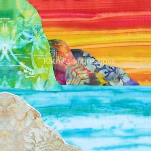 Na Pali Coast Sunset Glow Fabric Quilt Block Batik Mountains Beach Kauai Hawaii Panel