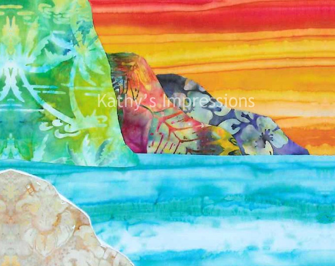 Na Pali Coast Sunset Glow Tropical Kauai Hawaii Cotton Sateen Fabric Quilt Panel Square~ Hawaiian Sunset Batik Mountains Beach Fabric