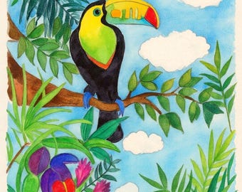 Tropical Toucan Fabric Quilt Panel Colorful Bird Rainforest Parrot Watercolor Square Block