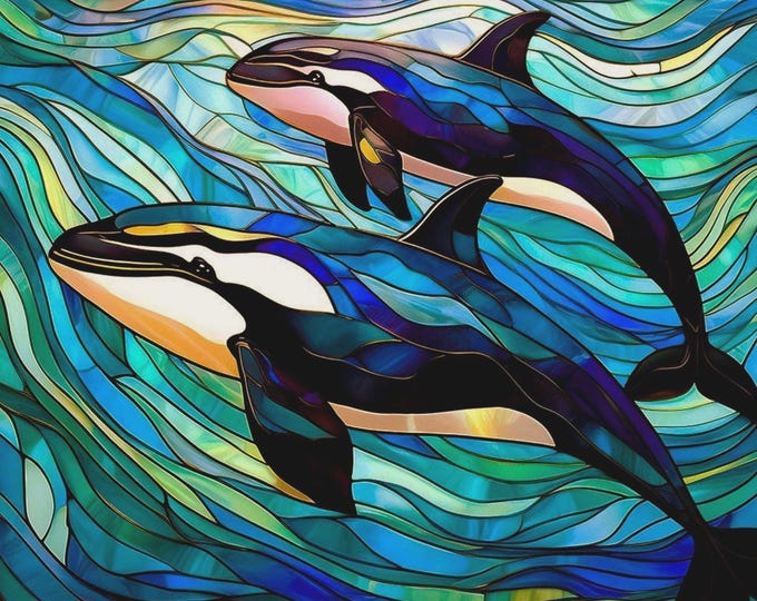 Stained Glass Orca Whales Swimming Under the Sea Fabric Quilt Block Square Turquoise Ocean Fractured Watercolor Beach Panel