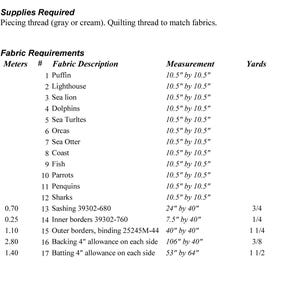 May include: A printed document titled Experience Level: Advanced Beginner, detailing quilt specifications for a 34 inch by 45 inch quilt top. It lists 12 fabric blocks featuring sea life, fabric requirements in inches and yards, and contact information.