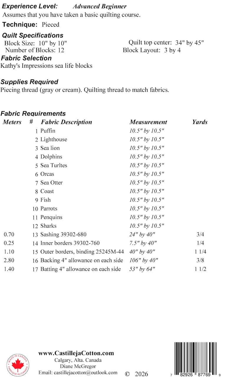May include: A printed document titled Experience Level: Advanced Beginner, detailing quilt specifications for a 34 inch by 45 inch quilt top. It lists 12 fabric blocks featuring sea life, fabric requirements in inches and yards, and contact information.