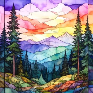 Stained Glass Idyllic Watercolor Mountain Sunset Pine Trees Forest Fabric Quilt Block Nature Panel