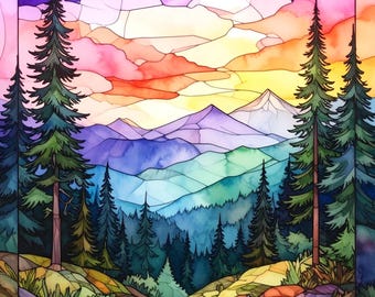 Stained Glass Idyllic Watercolor Mountain Sunset Pine Trees Forest Fabric Quilt Block Nature Panel