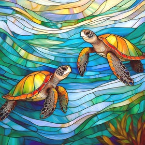 May include: A stained glass artwork featuring two sea turtles swimming in a vibrant ocean. The turtles have yellow, orange, and green shells with detailed patterns. The water is depicted in shades of blue and green, with a wavy design.