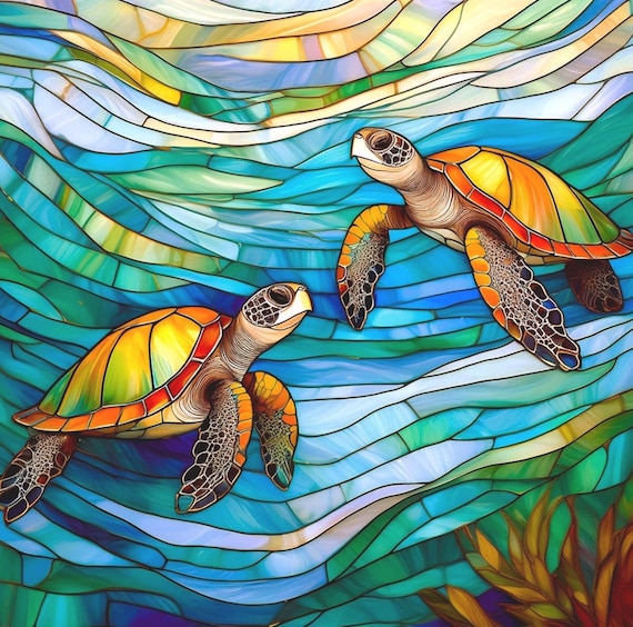 Stained Glass Sea Turtles Swimming Under Sea Fabric Quilt Block Ocean Watercolor Beach Panel