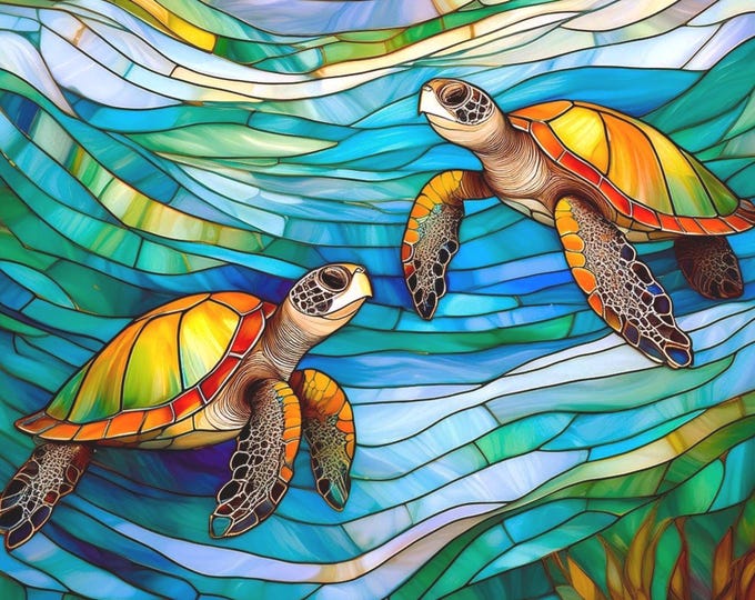 Stained Glass Sea Turtles Swimming Under the Sea Fabric Quilt Block Square Turquoise Ocean Fractured Watercolor Beach Panel
