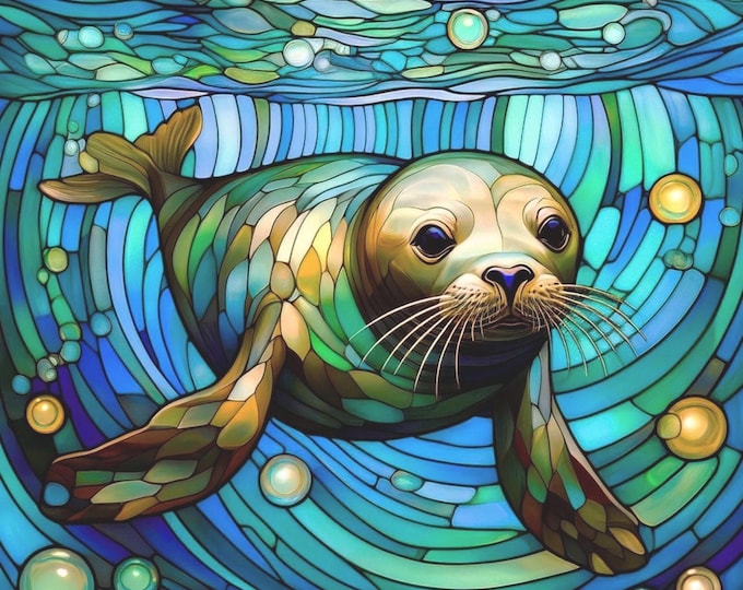 Stained Glass Seal Pup Fabric Panel Watercolor Ocean Beach Sea Lion Swimming Underwater Scene Hawaii Quilt Block Turquoise Aquatic Art