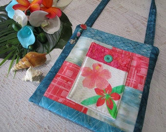 Hibiscus Plumeria Tropical Flowers Shoulder Bag~ Tropical Puffin Bird on Beach Purse~ Puffin Bird Beach Floral iPad Bag