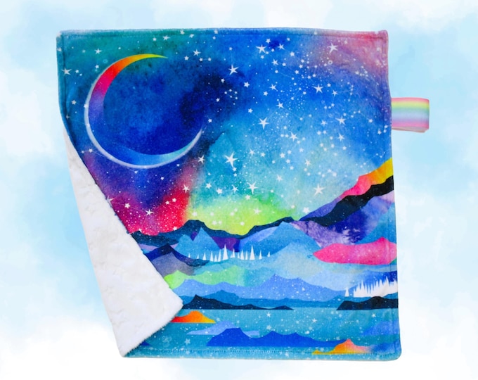 Minky Baby Lovey Night Sky Stars Moon Constellations Aurora Borealis Mountains Ocean Hawaii Girls Boys Infant Shower Toddler Birthday Gift