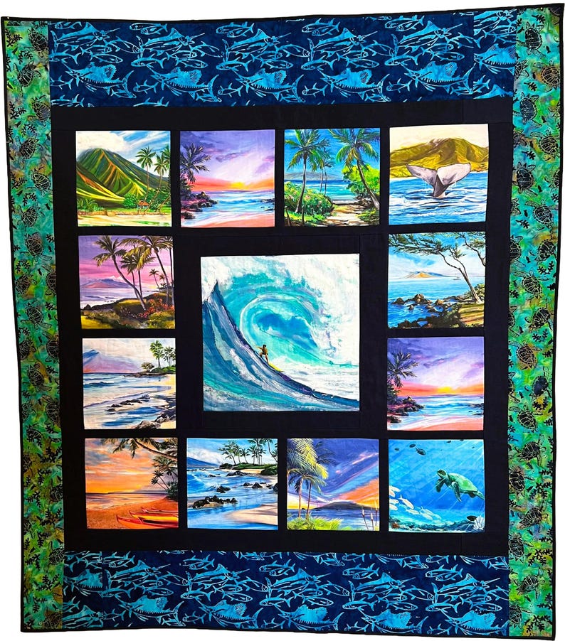May include: A rectangular quilt featuring a central square panel of a surfer on a large wave, surrounded by twelve smaller square panels depicting tropical beach scenes, sunsets, and sea life, framed by a dark border and patterned fabric edges.