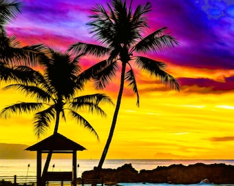 Endless Summer Sunset Beach Palm Trees Ocean Mountains North Shore Oahu Hawaii Fabric Square Tiki Torches Lava Rocks Quilt Block Panel
