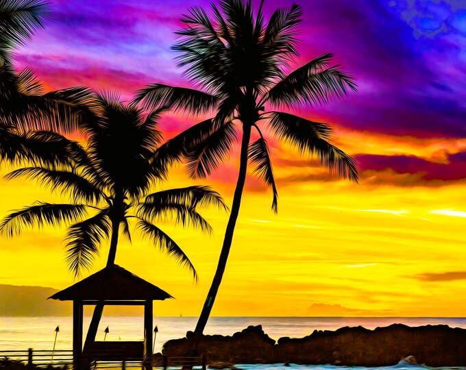 Hawaiian Sunset Endless Summer Beach Palm Trees Ocean Mountains North Shore Oahu Fabric Square Tiki Torches Lava Rocks Quilt Block Panel