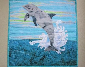 Dolphin Fabric Art Quilt Wall Hanging or Pillow Cover~ Coastal Dolphin Tropical Beach Art Quilt Big Stitch Hand Quilted~ 18"