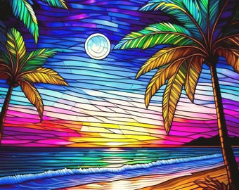 Stained Glass Moonlit Tropical Beach Fabric Quilt Block Palm Trees Sunset Rainbow Watercolors Panel