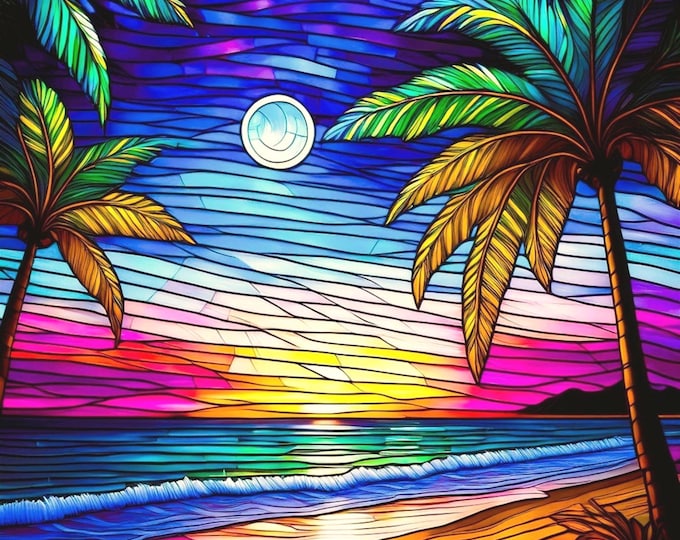 Stained Glass Moonlit Tropical Beach Fabric Quilt Block Palm Trees Sunset Rainbow Watercolors Panel