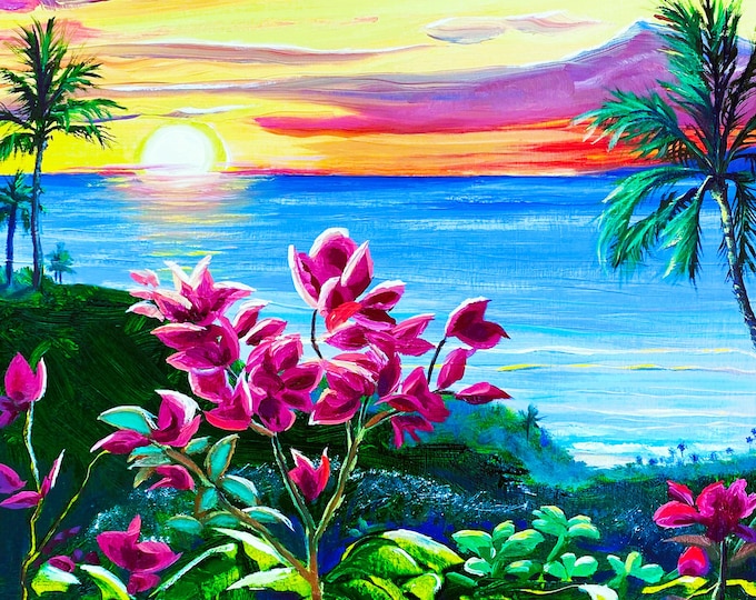 Colorful Bougainvillea Tropical Beach Sunset Fabric Quilt Square Panel Pink Flowers Turquoise Ocean Palm Trees