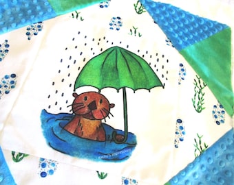 Sea Otter Umbrella Rain Fabric Quilt Block Cotton Velvet Under Sea Panel Boys Girls