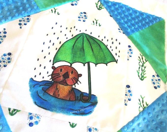 Sea Otter Umbrella Rain Fabric Quilt Block Cotton Velvet Under Sea Panel Boys Girls