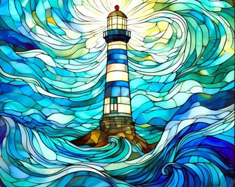 Stained Glass Lighthouse Beacon of Light in Stormy Seas Fabric Quilt Block Square Turquoise Blue Green Watercolor Ocean Waves Coastal Panel