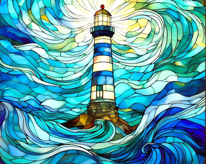 Stained Glass Lighthouse Beacon of Light in Stormy Seas Fabric Quilt Block Square Turquoise Blue Green Watercolor Ocean Waves Coastal Panel