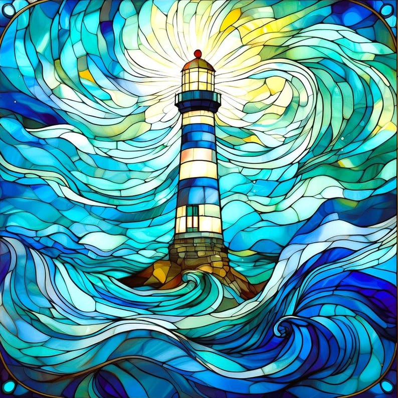 May include: A stained glass panel featuring a central lighthouse with horizontal blue and white stripes, topped with a red light. The lighthouse is surrounded by swirling, dynamic patterns of deep blue, turquoise, and white glass segments.