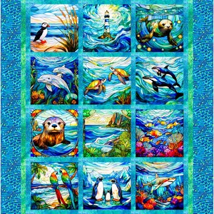 May include: A quilt featuring a grid of twelve square panels with stained glass style illustrations of marine life and coastal scenes, including a puffin, lighthouse, seal, dolphins, sea turtles, orcas, an otter, a reef, and penguins.