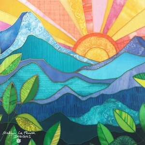 Sunrise in Paradise Mountains Stained Glass Fabric Panel Hawaii Rocky Appalachian Quilt Block