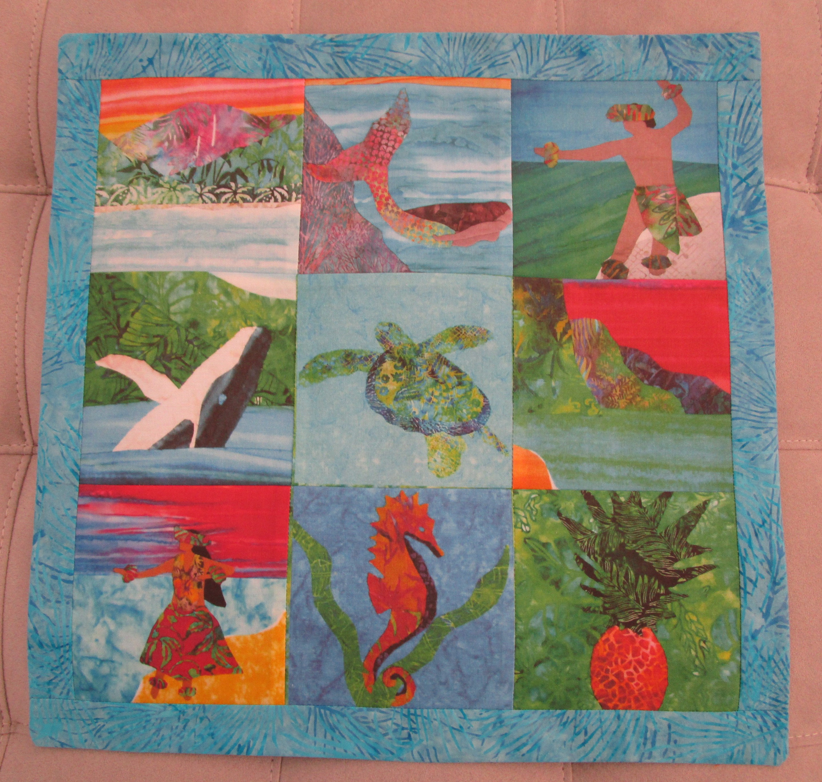 HANALEI BAY Coral Sky Palm Trees Ocean Kauai Hawaii Fabric Quilt Panel Square