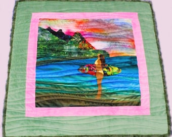 Surfer Girl Beach Babe Pink Watercolor Sunset Sky Green Mountains Tropical Hawaiian Luxe Minky Baby Quilt Girls Throw Teen Adult Lap Blanket
