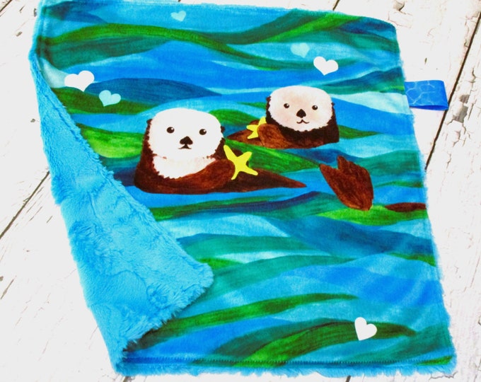 Minky Baby Lovey Sea Otter Couple Hearts Starfish Turquoise Blue Green~ Sea Life Girls Boys Baby Shower Gift Designer Minky Lovey