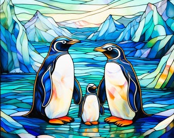 Stained Glass Emperor Penguin Family Sea Ice Icebergs Antarctica Fabric Quilt Block Square Fractured Watercolor Panel