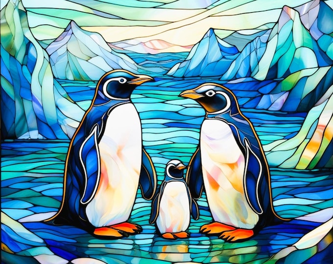 Stained Glass Emperor Penguin Family Sea Ice Icebergs Antarctica Fabric Quilt Block Square Fractured Watercolor Panel