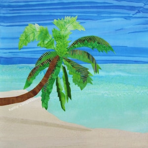 Palm Tree Tropical Beach Fabric Quilt Block Ocean Water Blue Sky Sand Fabric Panel