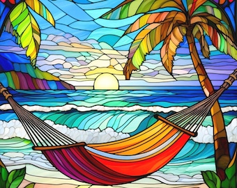 Stained Glass Relaxing in Paradise Hammock on Beach Palm Trees Ocean Watercolor Coastal Fabric Quilt Block Square Panel Hawaii
