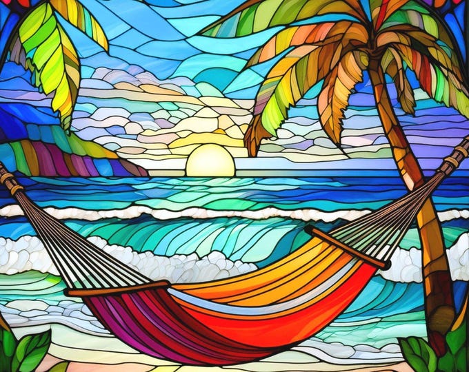 Stained Glass Relaxing in Paradise Hammock on Beach Palm Trees Ocean Watercolor Coastal Fabric Quilt Block Square Panel Hawaii