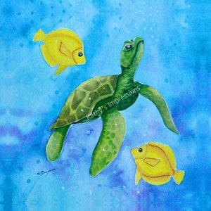 Honu SEA TURTLE Fabric Quilt Square Yellow Angel Fish Ocean Bubbles Hawaii Watercolor Panel