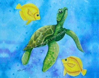 Honu SEA TURTLE Fabric Quilt Square Yellow Angel Fish Ocean Bubbles Hawaii Watercolor Panel