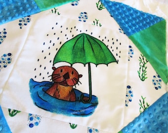 SEA OTTER Baby MINKY Blanket Kit or Fabric Quilt Square Cotton Velvet~ Sea Otter Under the Sea Panel Boys Girls Umbrella Rain