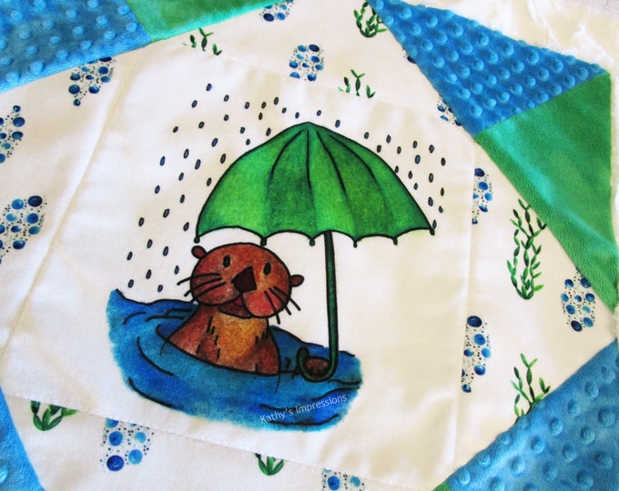 SEA OTTER Baby MINKY Blanket Kit or Fabric Quilt Square Cotton Velvet~ Sea Otter Under the Sea Panel Boys Girls Umbrella Rain