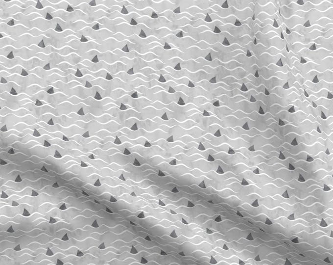 Coastal Gray Ocean Waves Shark Fins Fabric (38" x 36") ~ Tropical Beach Ocean Water White Waves