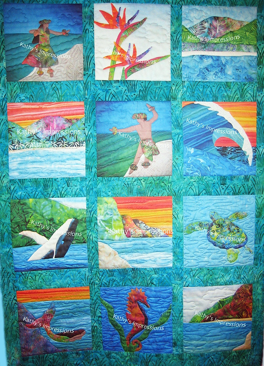 POLIHALE BEACH Cool Colors Fabric Quilt Panel Square Kauai Tropical