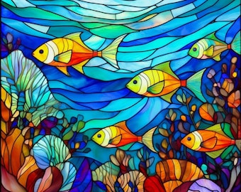 Stained Glass Tropical Fish Ocean Coral Reef Fabric Quilt Block Square Under the Sea Fractured Watercolor Beach Panel