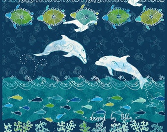 Dolphins Sea Turtle Fish Fabric Panel Ocean Tropical Beach Quilt Square Coastal Seashore Green Blue