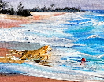 Golden Retriever Dog Playing Fetch Beach Fabric Quilt Block Chasing Ball Ocean Waves Panel