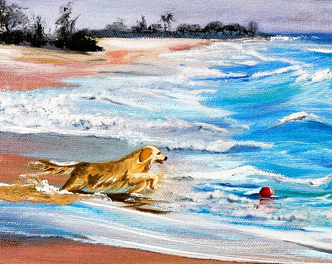 Happy Dog Playing Fetch at Beach Seaside Fabric Quilt Square~ Golden Retriever Dog Chasing Ball Ocean Waves Fabric Panel